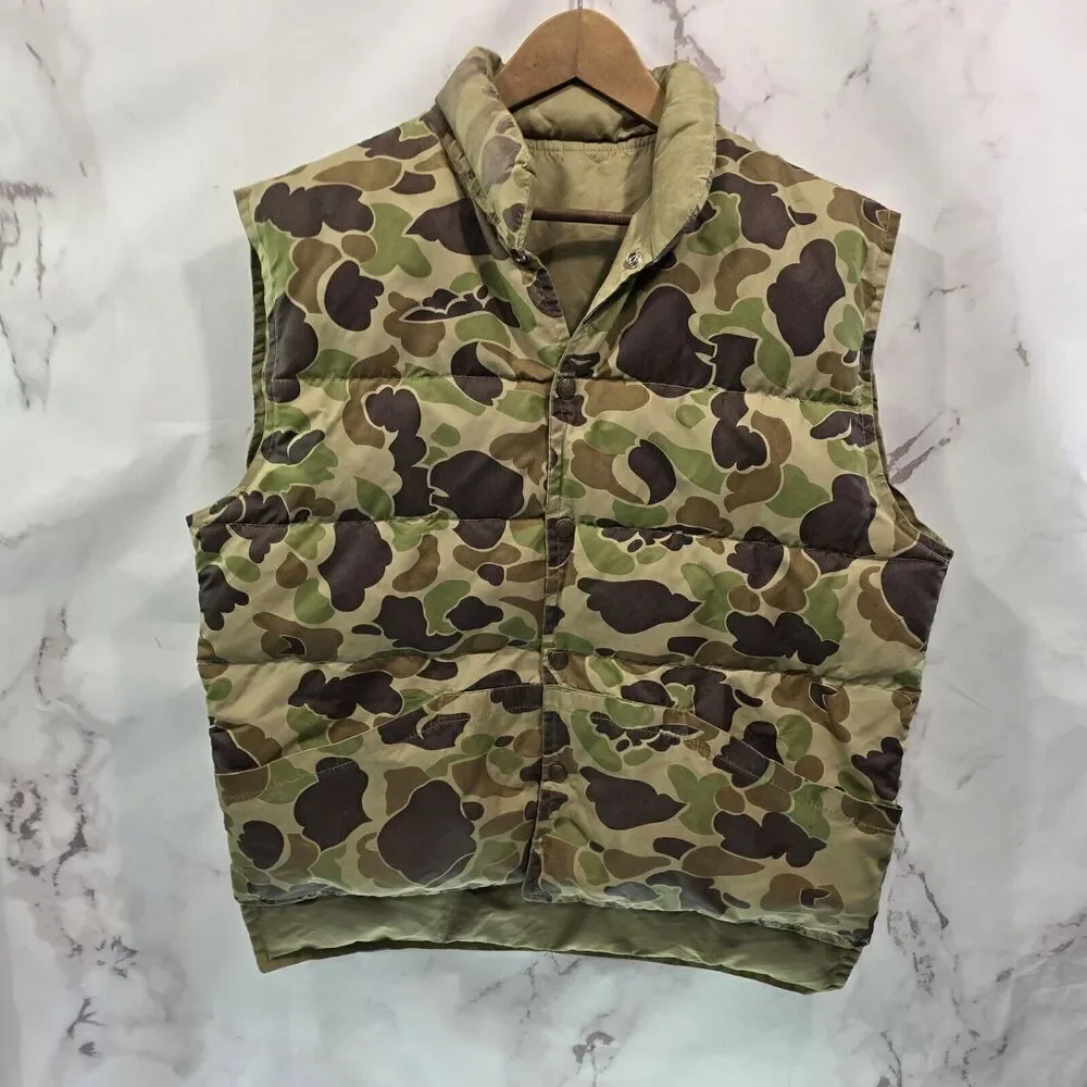 Camo Down Puffer Vest Mens Large Vintage Duck Snap Button 4 Color Goose Green
